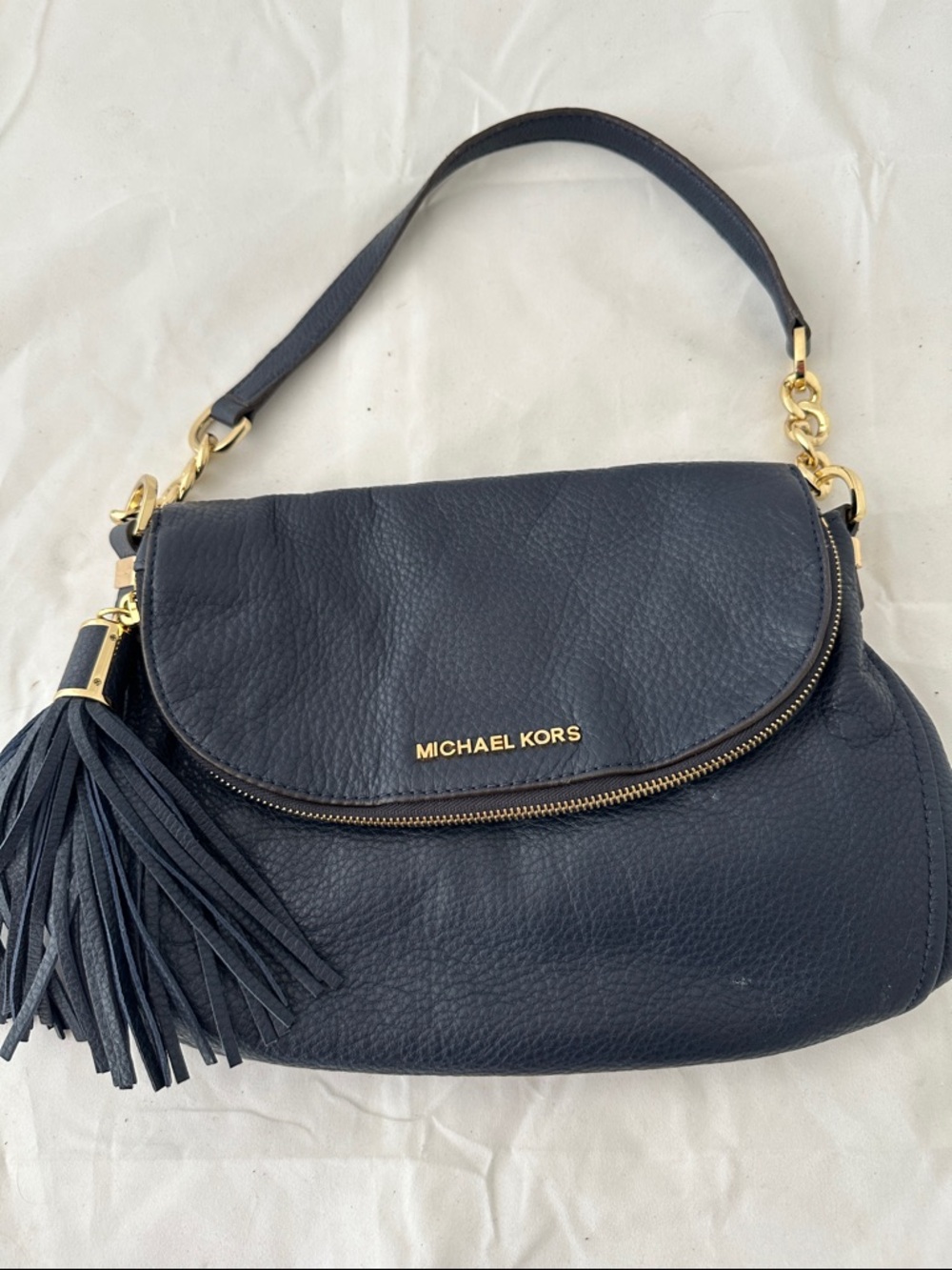 Michael Kors Dark Navy Pebbled Leather Shoulder Bag with Tassel